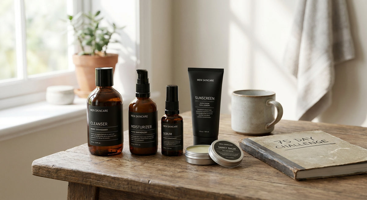 Skincare set for men doing a 75-day self-improvement challenge