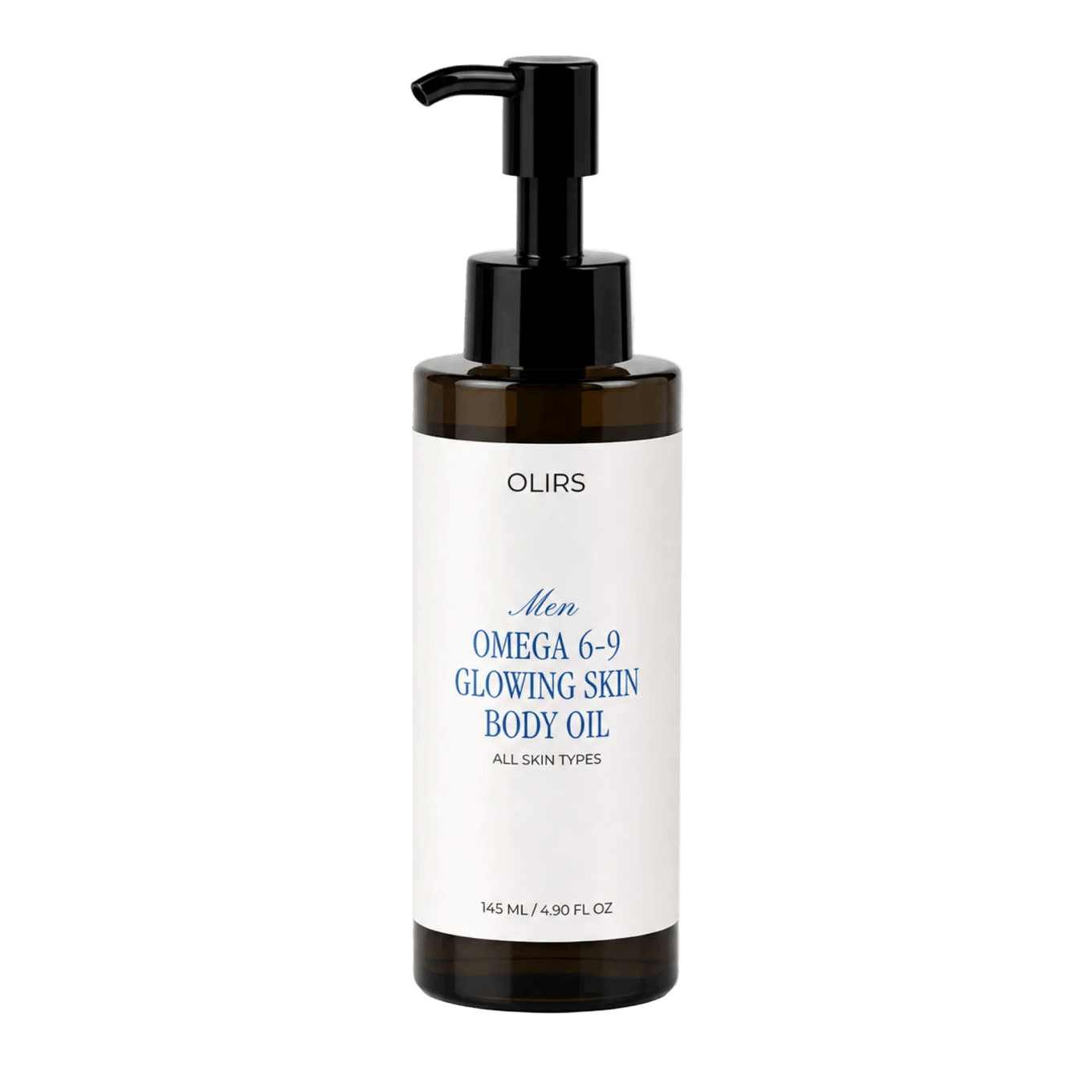 Men Omega 6-9 Glowing Skin Body Oil in a brown bottle with pump, suitable for all skin types.