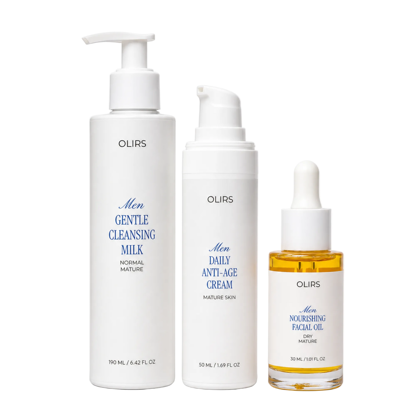 Glowy Skin Trio Collection Box featuring Gentle Cleansing Milk, Daily Anti-Age Cream, and Nourishing Facial Oil.