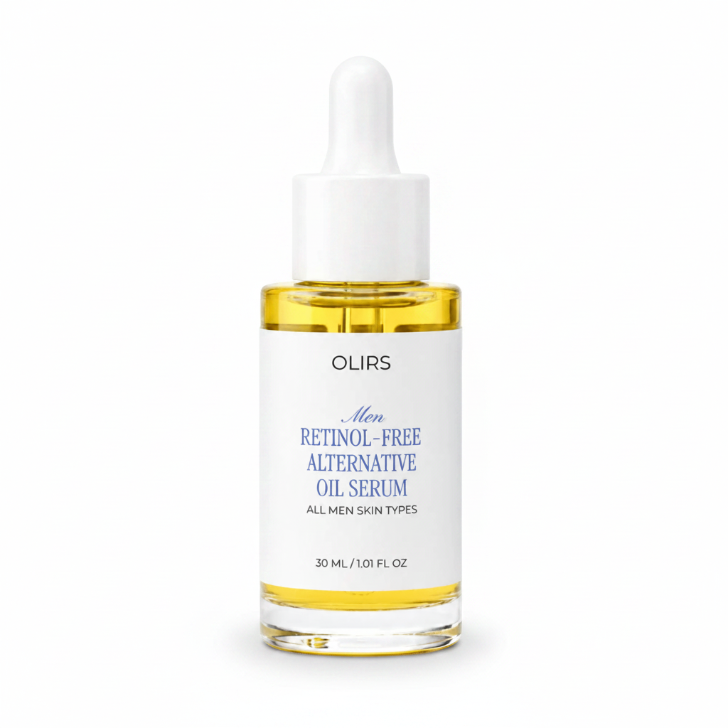 Men RETINOL-FREE ALTERNATIVE OIL SERUM in a glass bottle with a dropper for all men skin types.