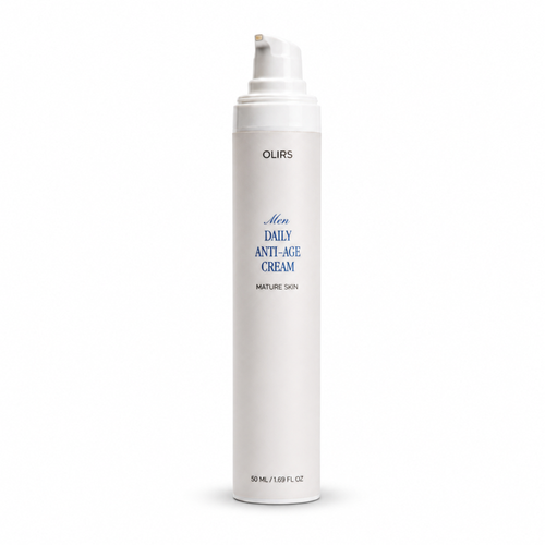 Men Daily Anti-Age Cream for mature skin in sleek pump bottle, promoting youthful appearance and hydration.