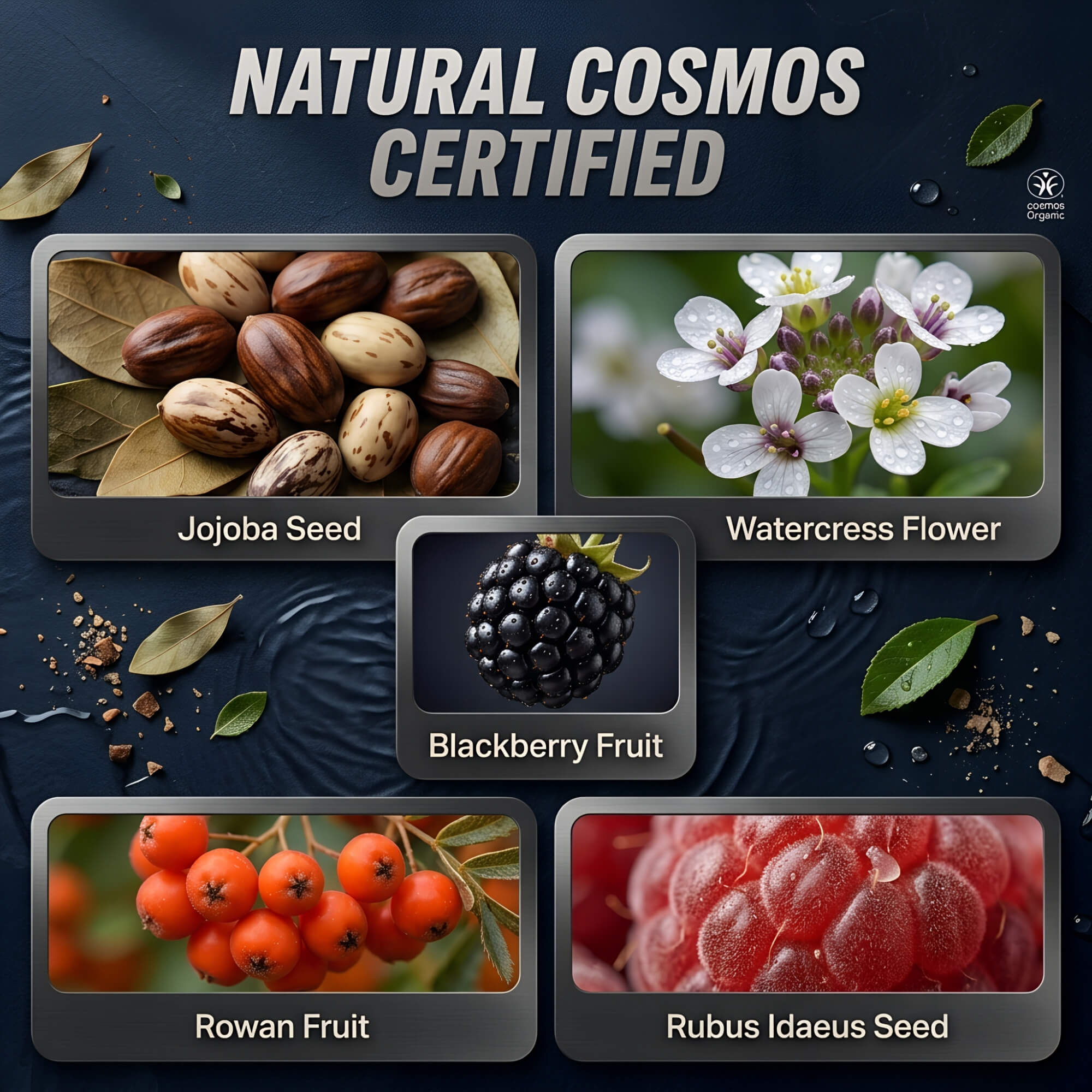 Natural Cosmos certified ingredients: Jojoba Seed, Watercress Flower, Blackberry Fruit, Rowan Fruit, Rubus Idaeus Seed.