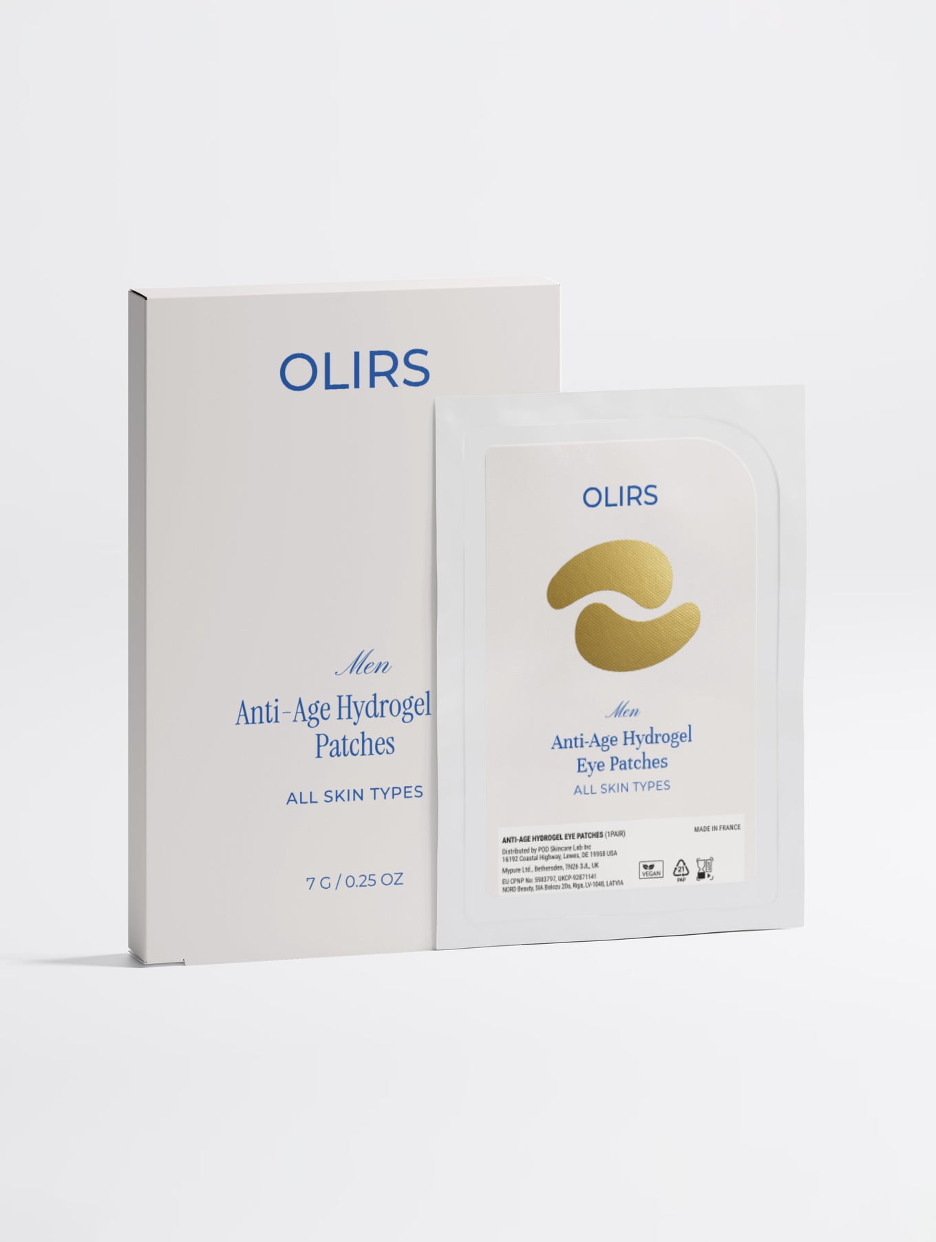 OLIRS Men Anti-Age Hydrogel Eye Patches packaging and product sachet for all skin types.
