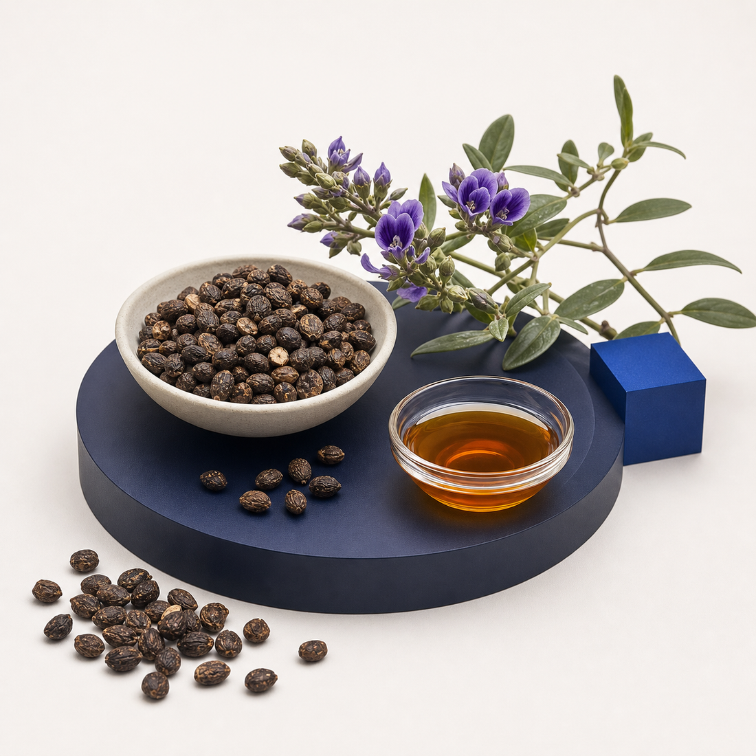 Babchi seeds, pale-purple flowers, and amber botanical extract on an OLIRS navy studio base.
